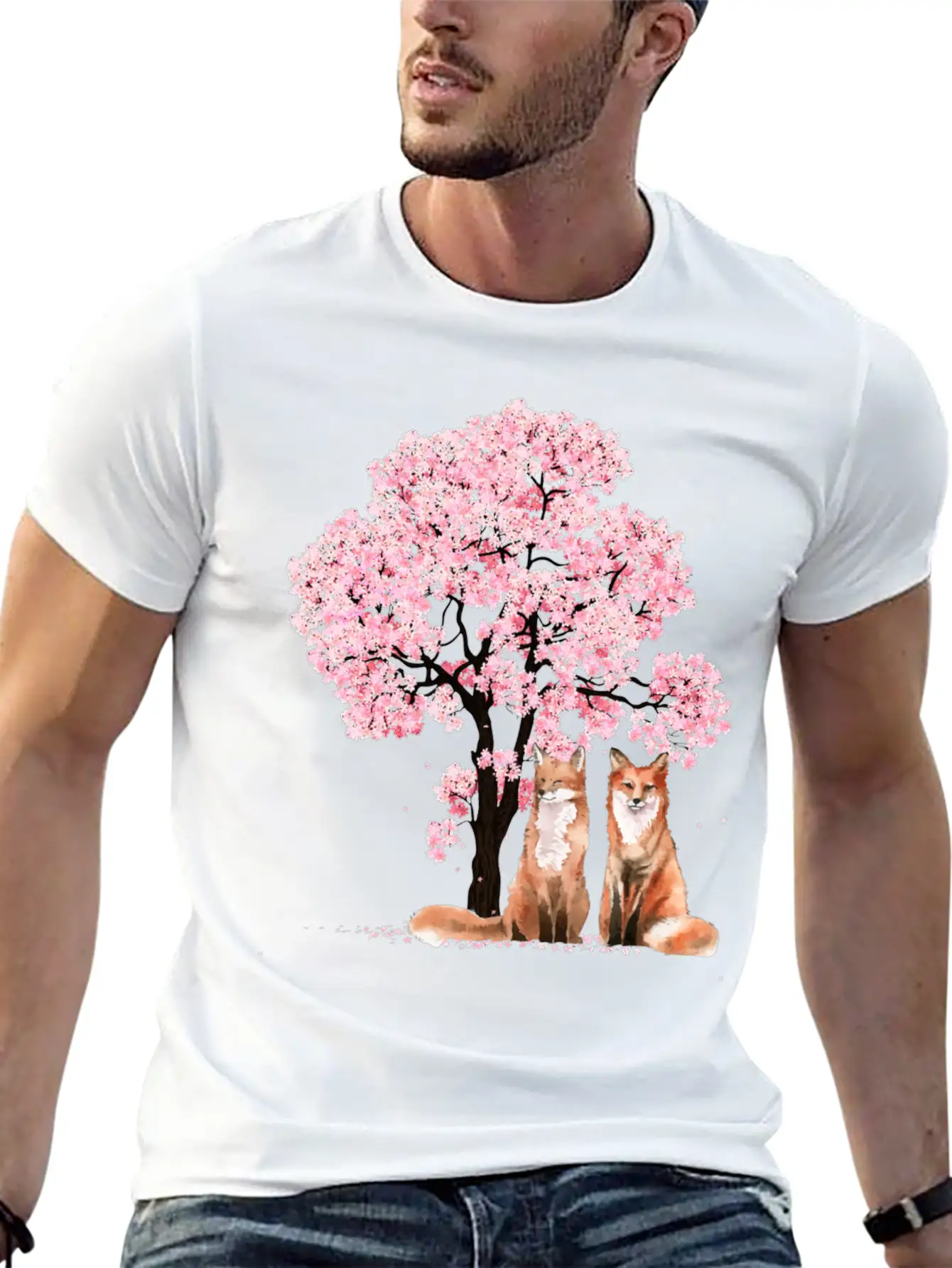Cherry Blossom Japanese Beautiful Fox Basic Graphic T-Shirt ¨C Daily Comfort In Soft Cotton