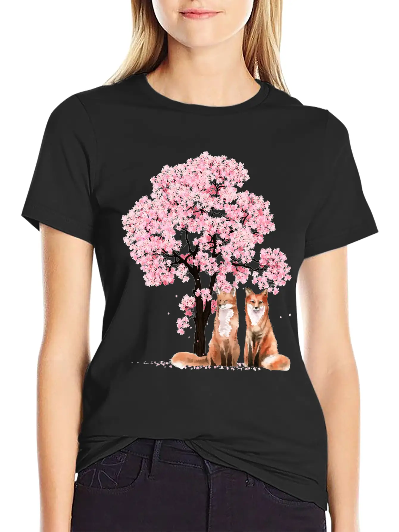 Cherry Blossom Japanese Beautiful Fox Basic Graphic T-Shirt ¨C Daily Comfort In Soft Cotton