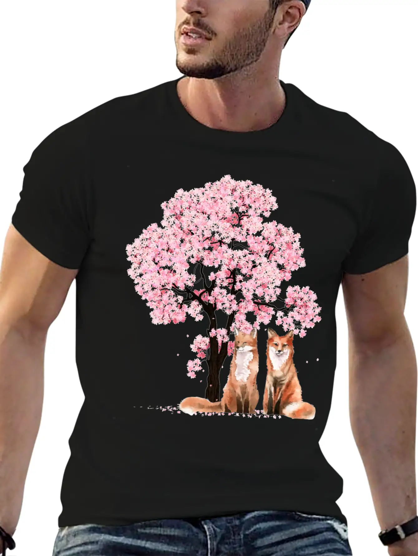 Cherry Blossom Japanese Beautiful Fox Basic Graphic T-Shirt ¨C Daily Comfort In Soft Cotton