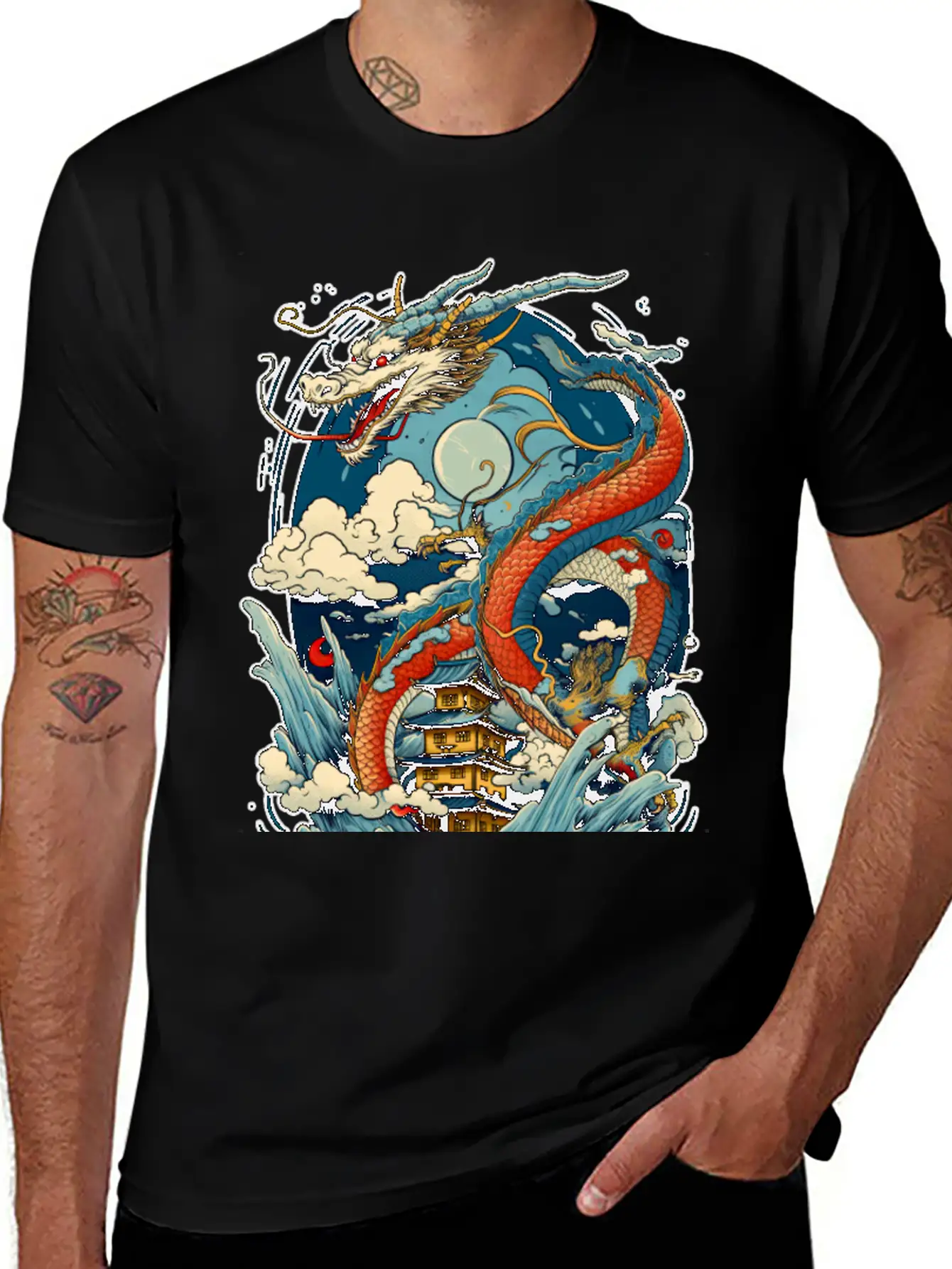 Chinese Dragon Illustration On A Flat Color Basic Graphic T-Shirt ¨C Daily Comfort In Soft Cotton