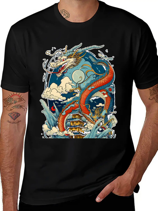 Chinese Dragon Illustration On A Flat Color Basic Graphic T-Shirt ¨C Daily Comfort In Soft Cotton