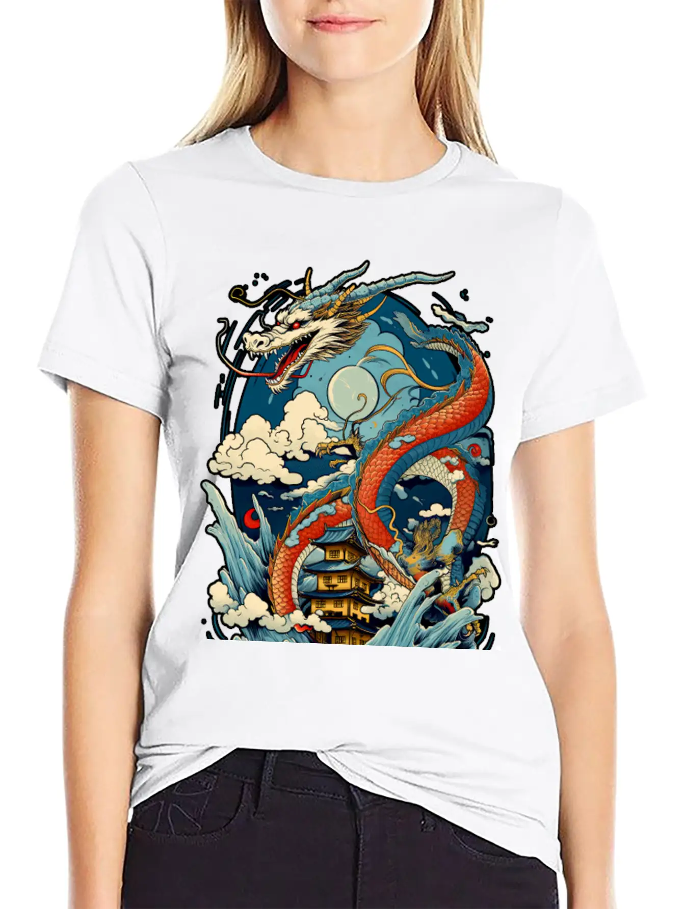 Chinese Dragon Illustration On A Flat Color Basic Graphic T-Shirt ¨C Daily Comfort In Soft Cotton