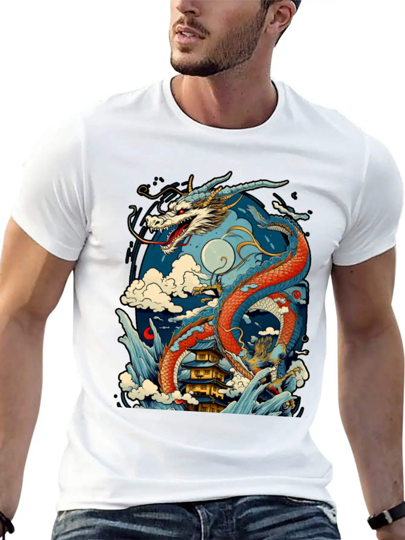 Chinese Dragon Illustration On A Flat Color Basic Graphic T-Shirt ¨C Daily Comfort In Soft Cotton