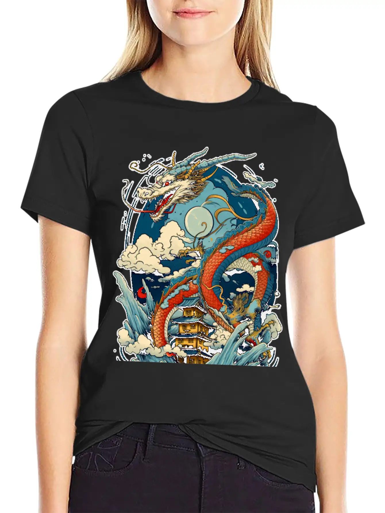 Chinese Dragon Illustration On A Flat Color Basic Graphic T-Shirt ¨C Daily Comfort In Soft Cotton