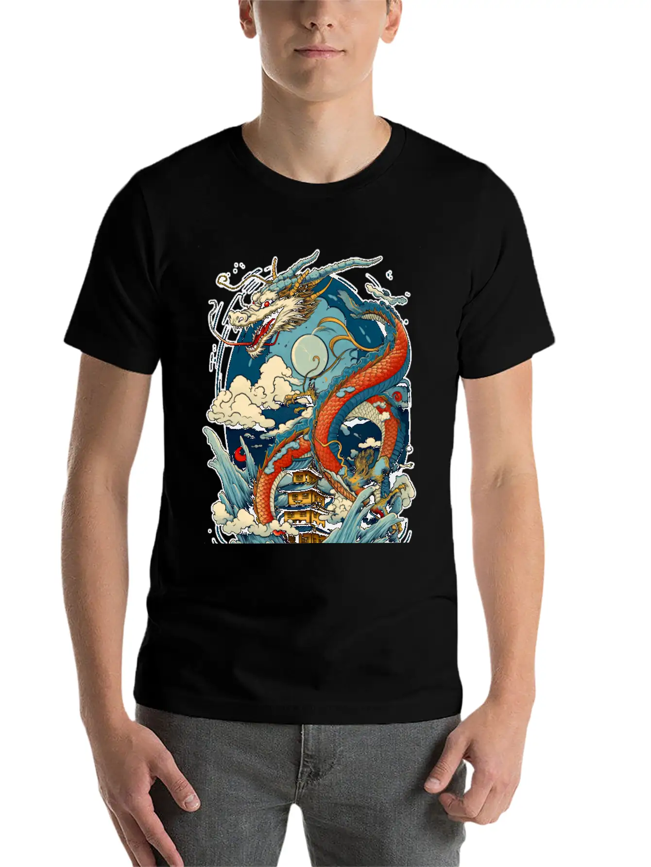 Chinese Dragon Illustration On A Flat Color Basic Graphic T-Shirt ¨C Daily Comfort In Soft Cotton