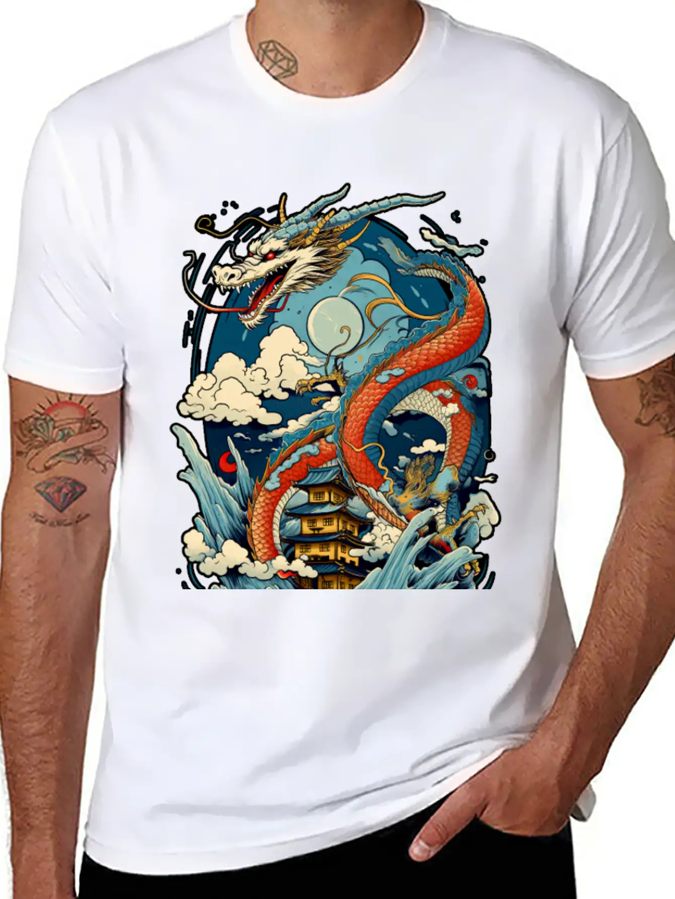Chinese Dragon Illustration On A Flat Color Basic Graphic T-Shirt ¨C Daily Comfort In Soft Cotton