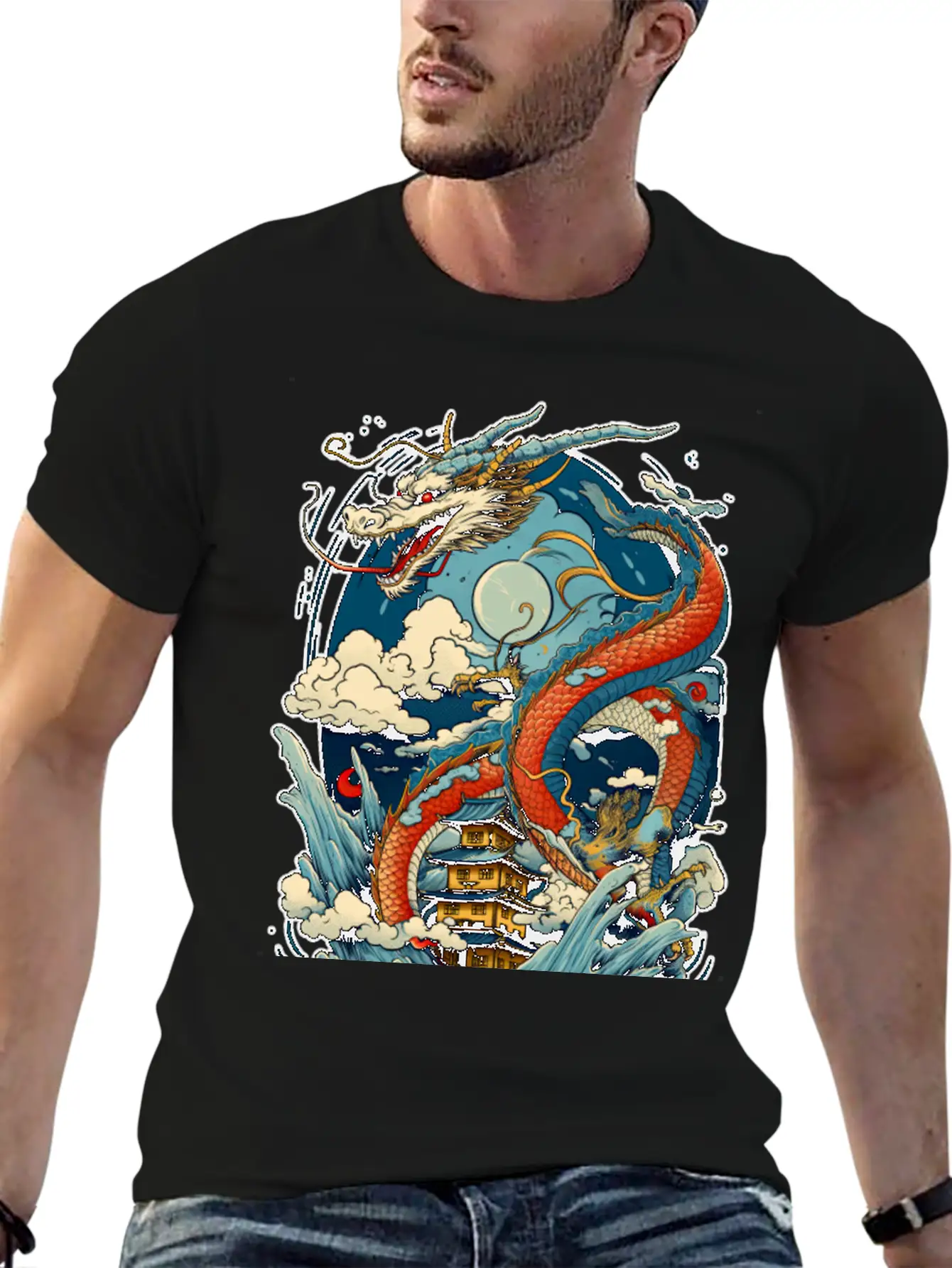 Chinese Dragon Illustration On A Flat Color Basic Graphic T-Shirt ¨C Daily Comfort In Soft Cotton