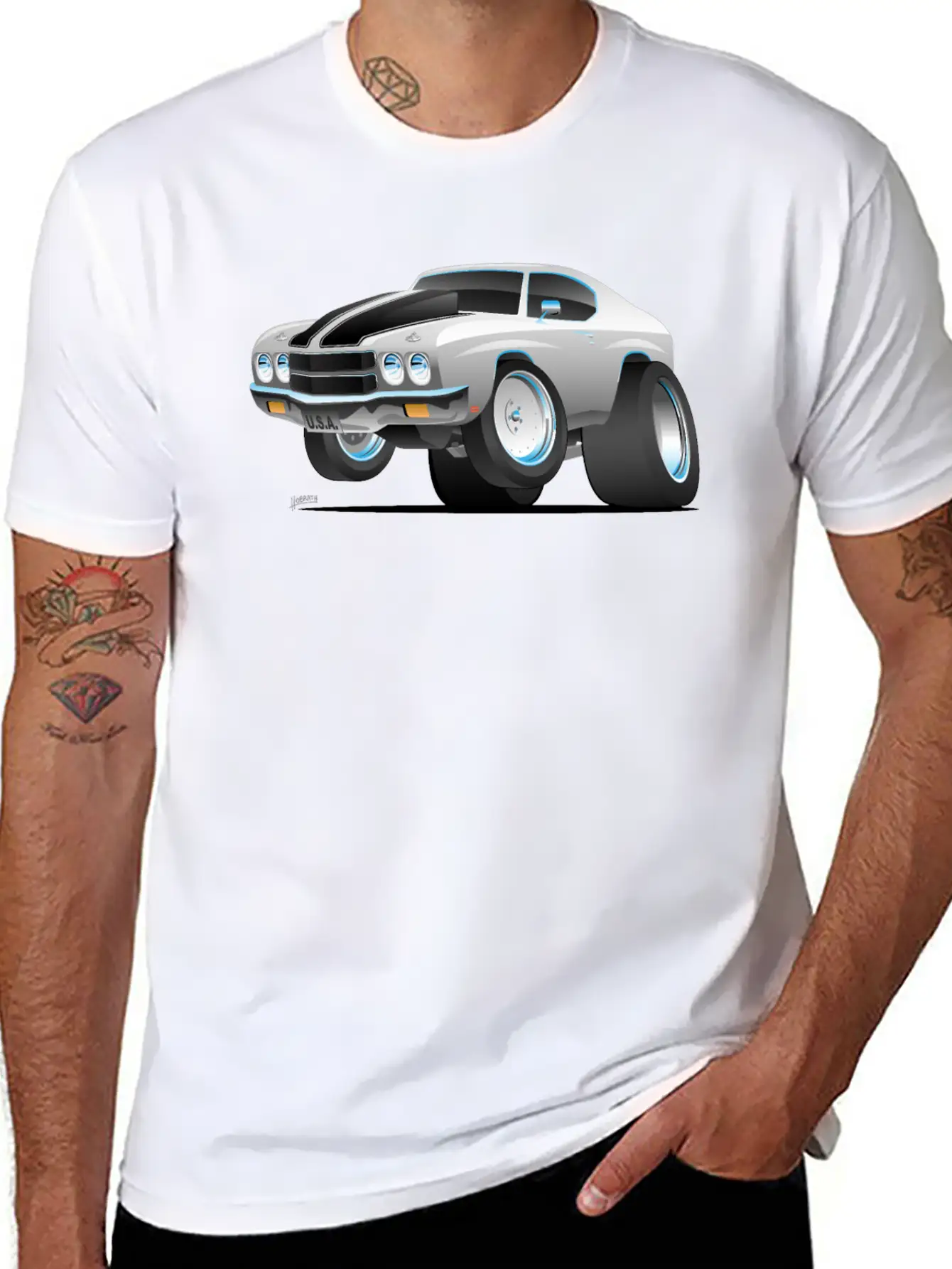 Classic 70's American Muscle Car Cartoon Essential Cotton Tee For Daily Outfits ¨C Unisex Style
