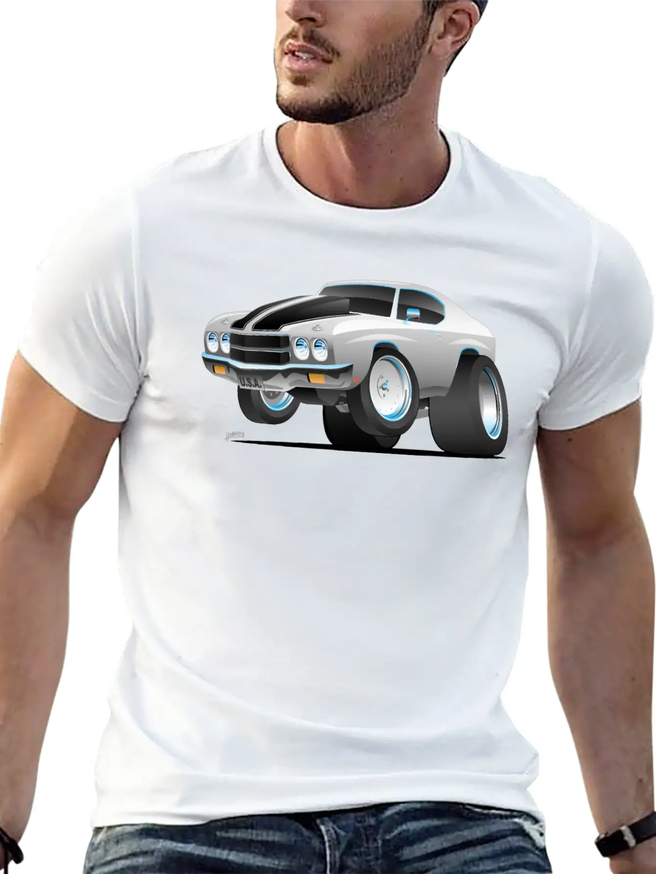 Classic 70's American Muscle Car Cartoon Essential Cotton Tee For Daily Outfits ¨C Unisex Style