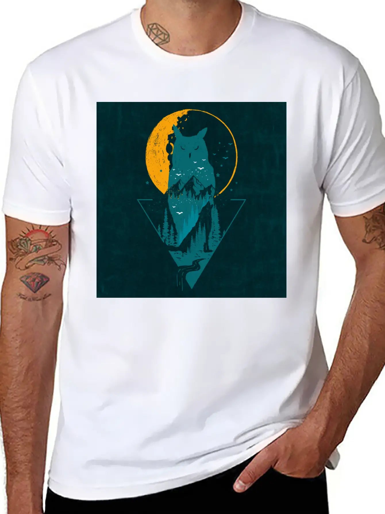 Classy And Minimalist Double Exposure WOLF And OWL Basic Graphic T-Shirt ¨C Daily Comfort In Soft Cotton