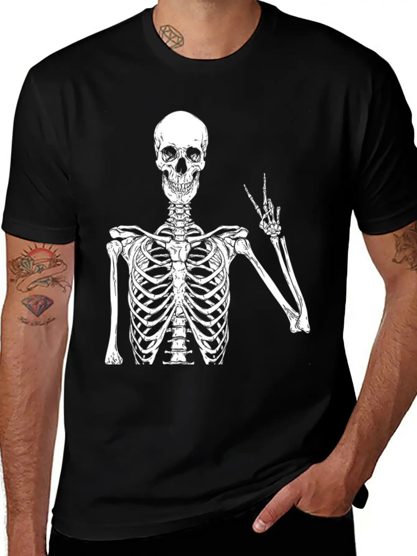Contemporary Humor: Skeleton Finger Illustration - Basic Graphic T-Shirt ¨C Daily Comfort In Soft Cotton