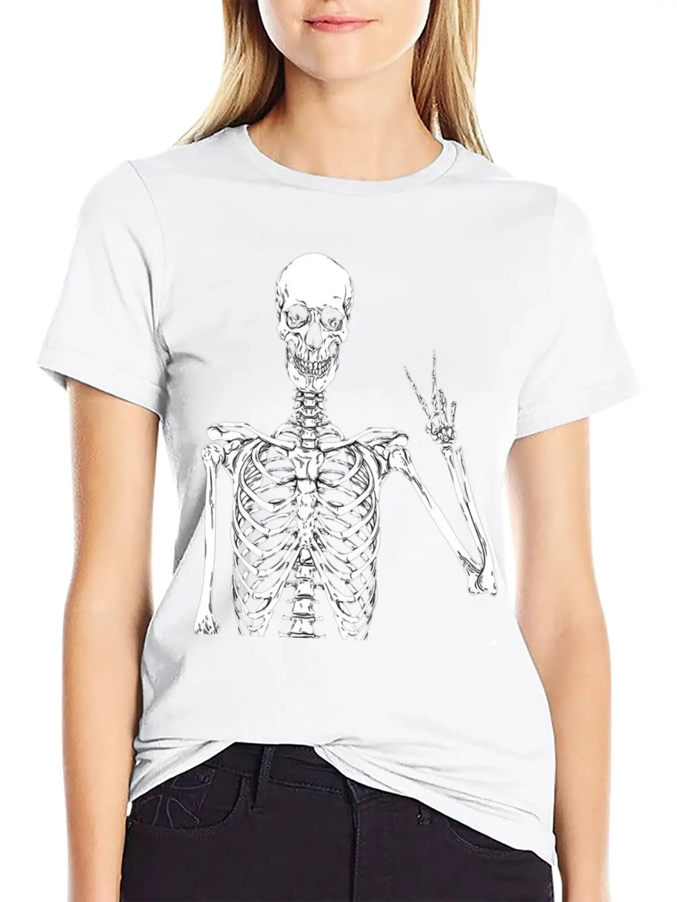 Contemporary Humor: Skeleton Finger Illustration - Basic Graphic T-Shirt ¨C Daily Comfort In Soft Cotton