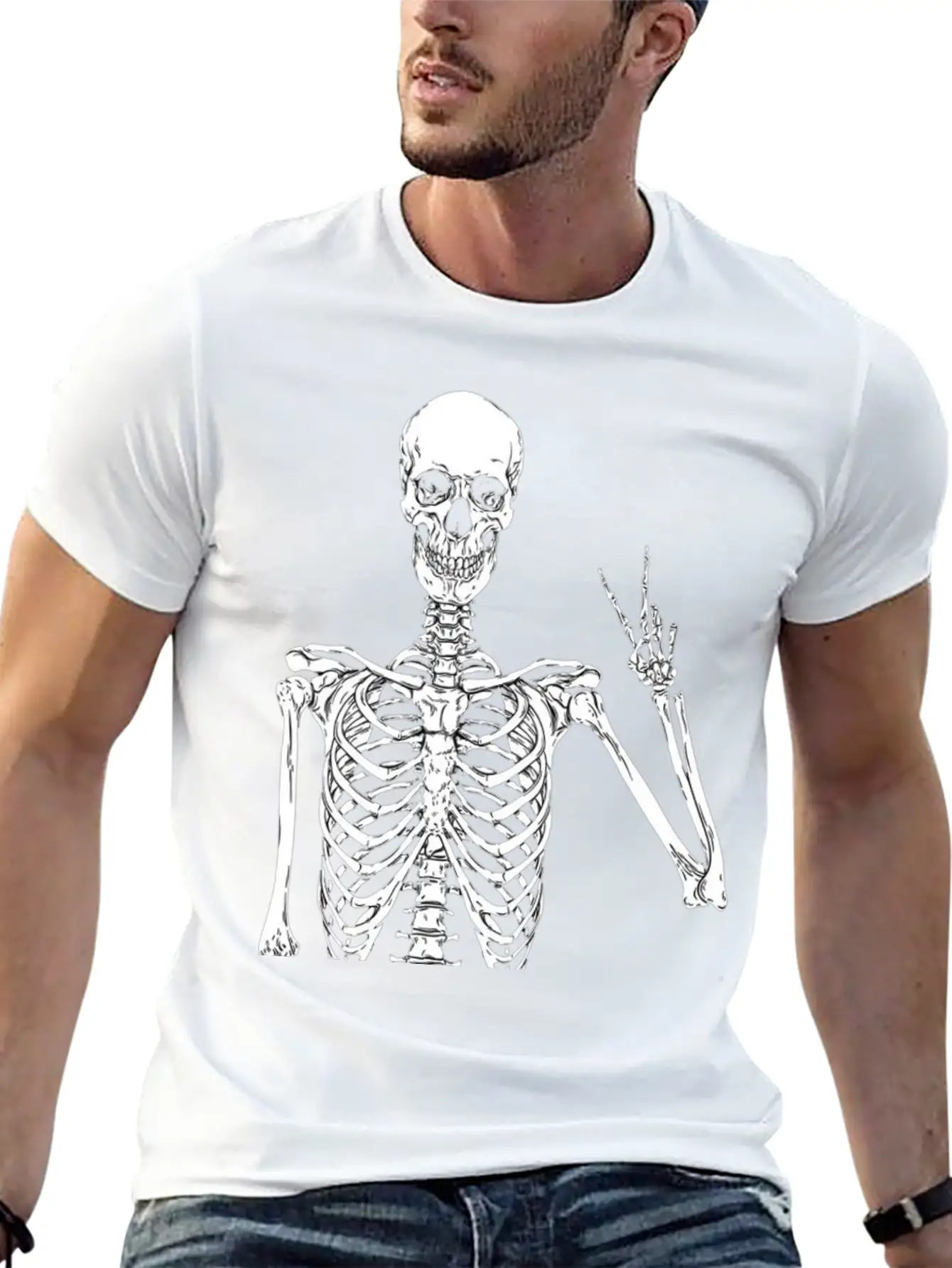 Contemporary Humor: Skeleton Finger Illustration - Basic Graphic T-Shirt ¨C Daily Comfort In Soft Cotton