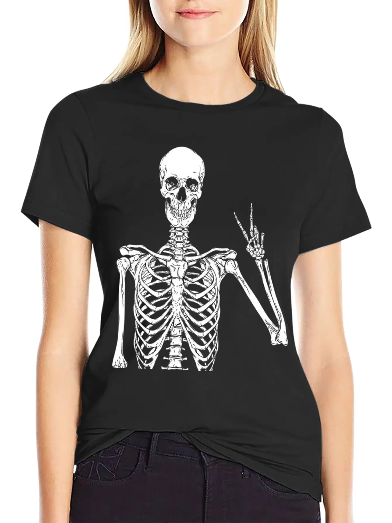 Contemporary Humor: Skeleton Finger Illustration - Basic Graphic T-Shirt ¨C Daily Comfort In Soft Cotton
