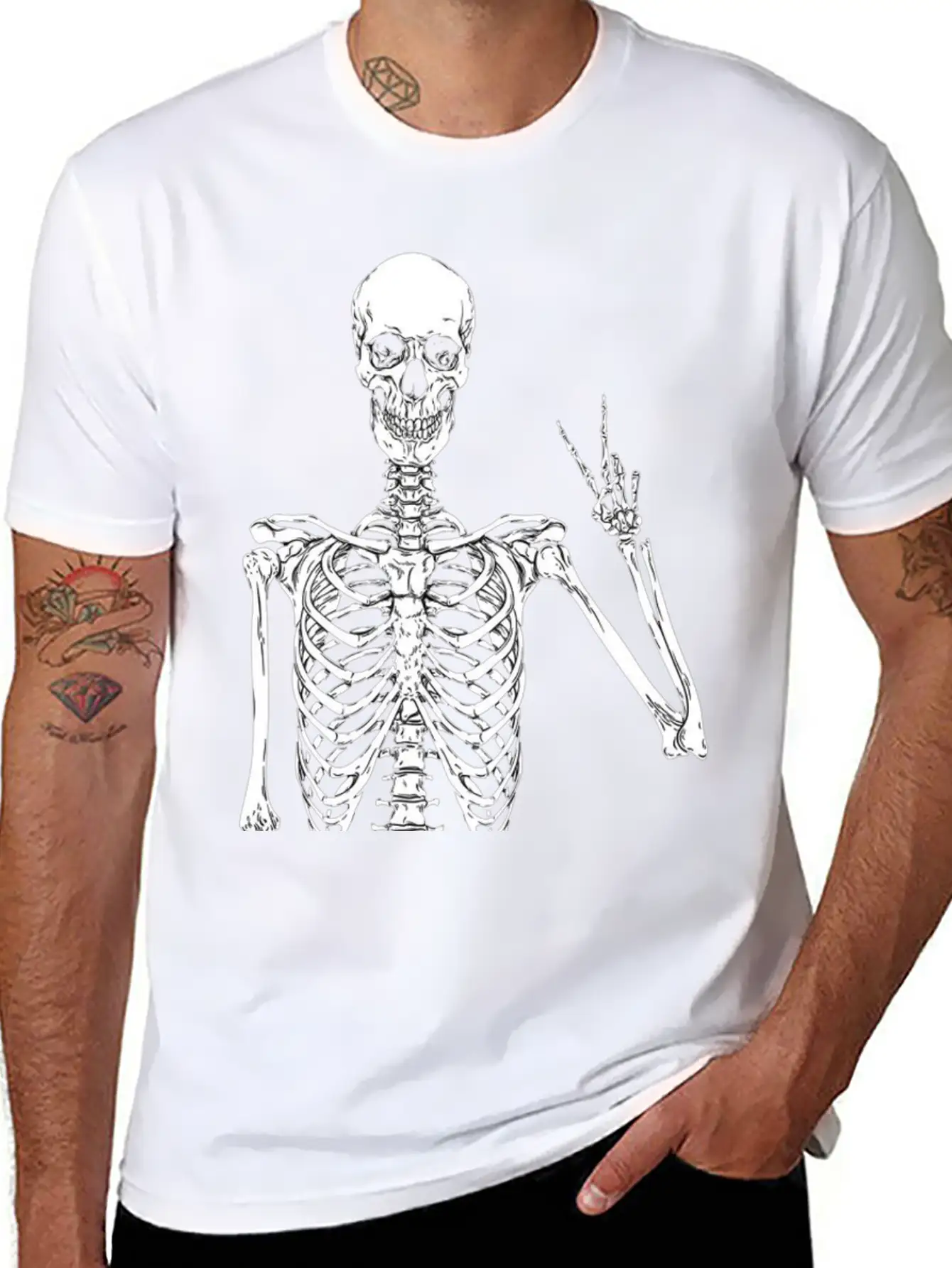 Contemporary Humor: Skeleton Finger Illustration - Basic Graphic T-Shirt ¨C Daily Comfort In Soft Cotton