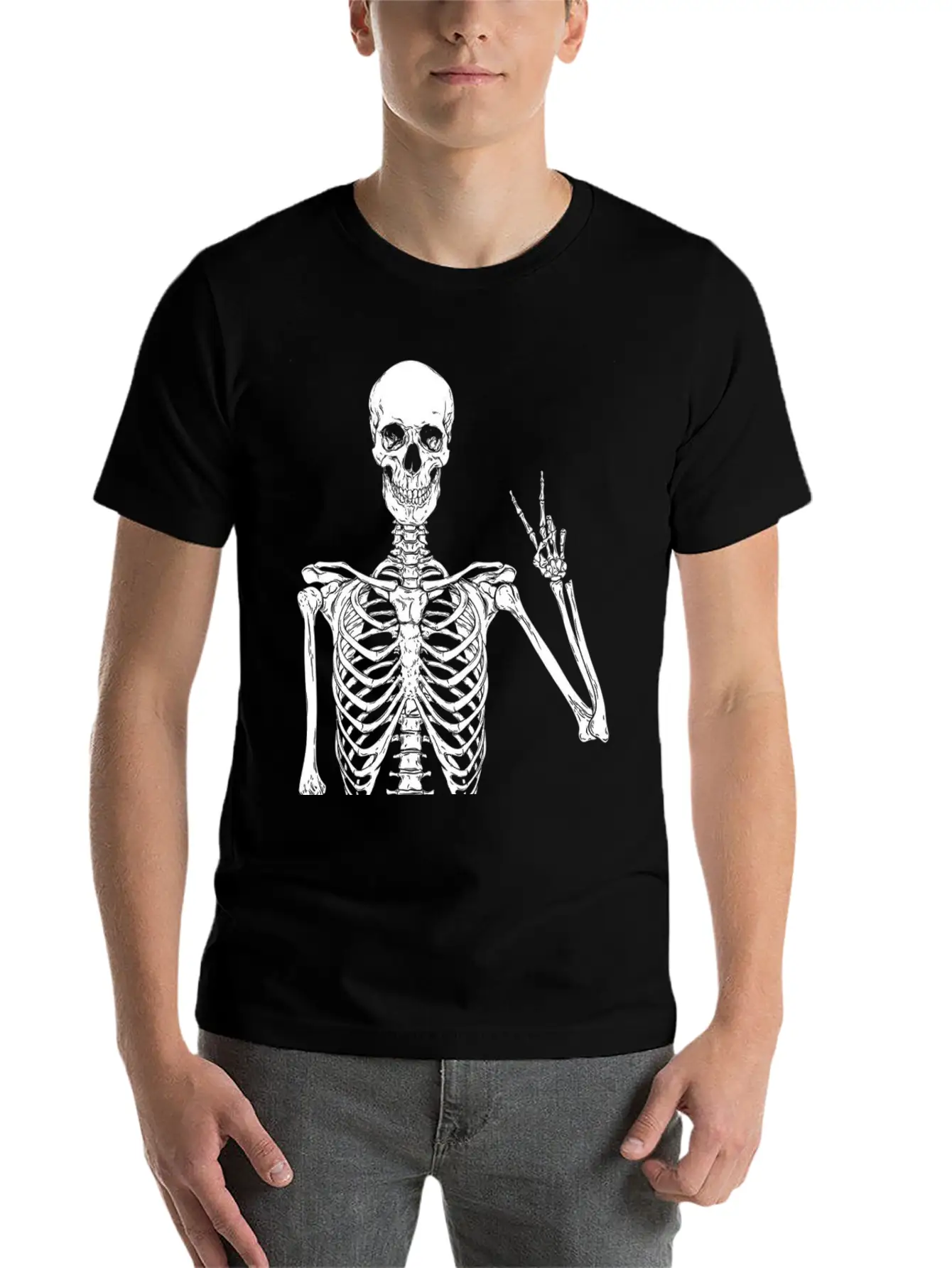 Contemporary Humor: Skeleton Finger Illustration - Basic Graphic T-Shirt ¨C Daily Comfort In Soft Cotton