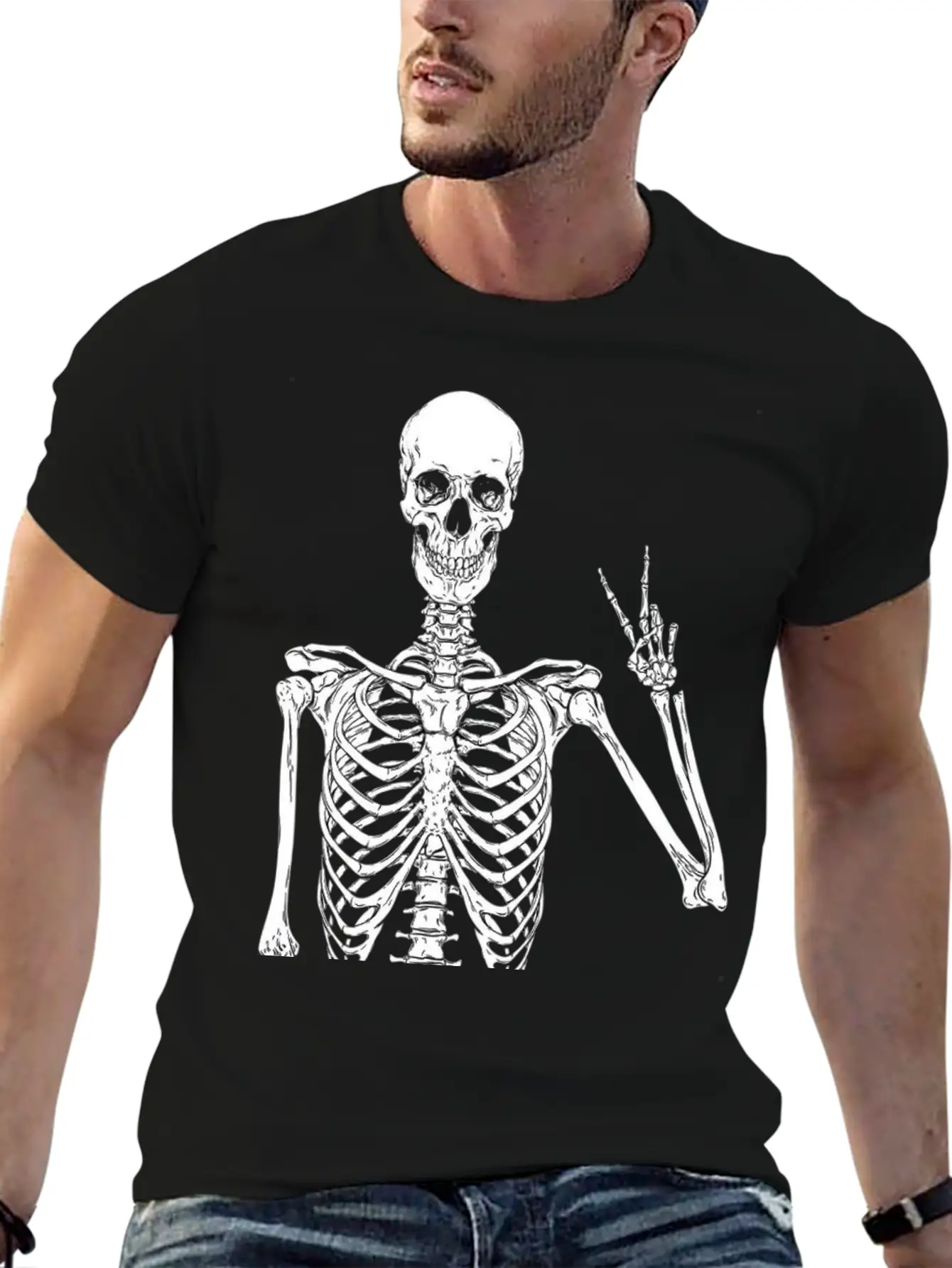 Contemporary Humor: Skeleton Finger Illustration - Basic Graphic T-Shirt ¨C Daily Comfort In Soft Cotton