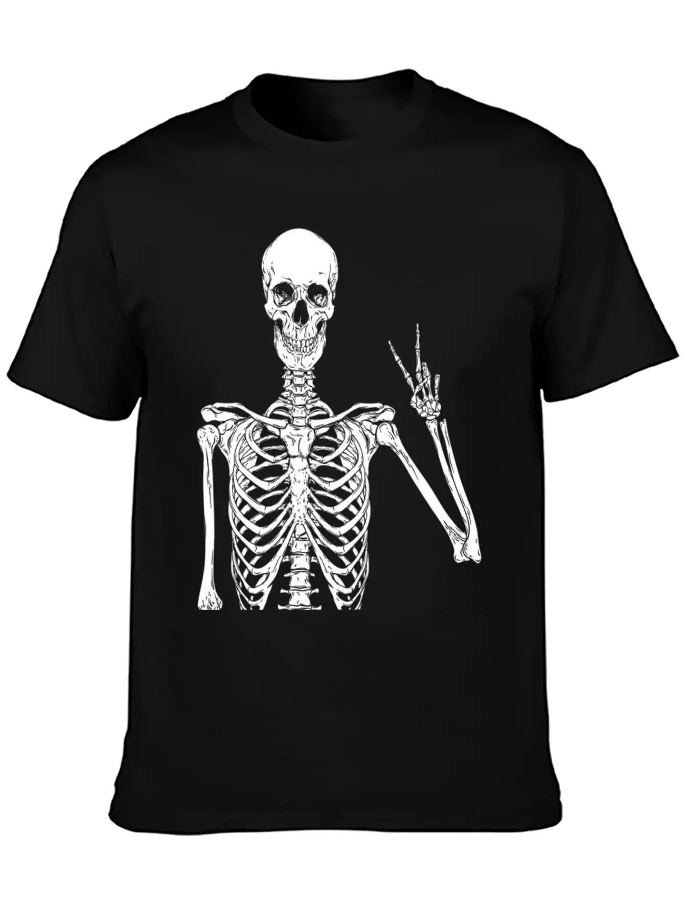 Contemporary Humor: Skeleton Finger Illustration - Basic Graphic T-Shirt ¨C Daily Comfort In Soft Cotton