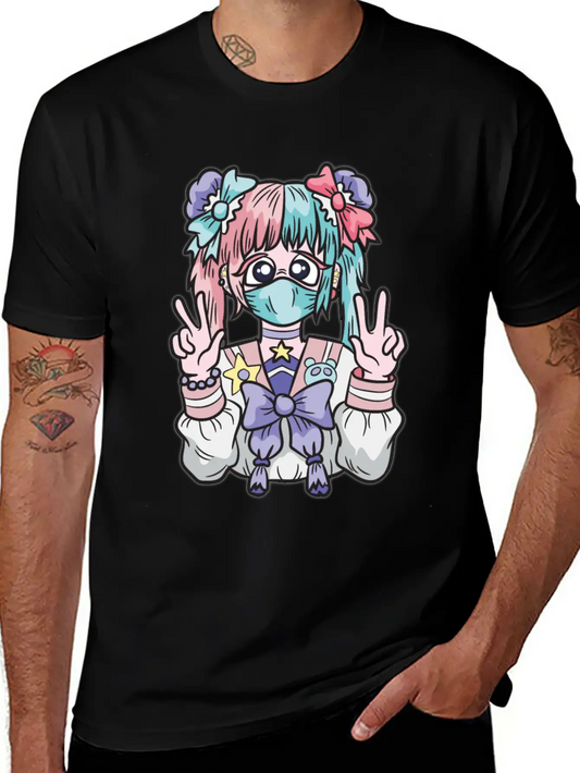 Corona Kawaii Pastel Goth Girl With Mask Essential Cotton Tee For Daily Outfits ¨C Unisex Style