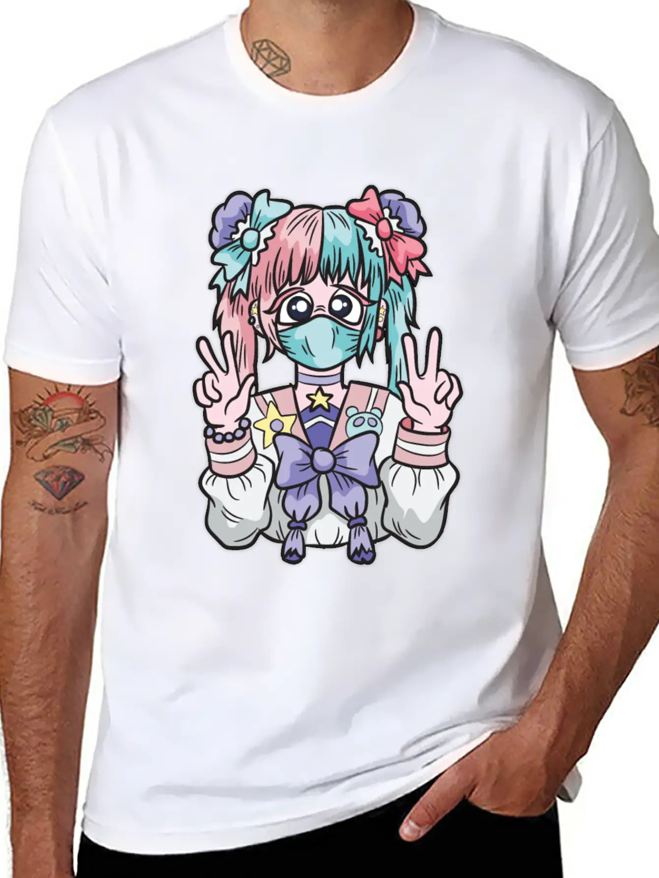 Corona Kawaii Pastel Goth Girl With Mask Essential Cotton Tee For Daily Outfits ¨C Unisex Style