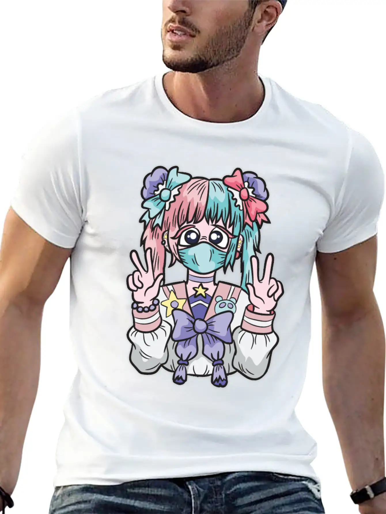 Corona Kawaii Pastel Goth Girl With Mask Essential Cotton Tee For Daily Outfits ¨C Unisex Style