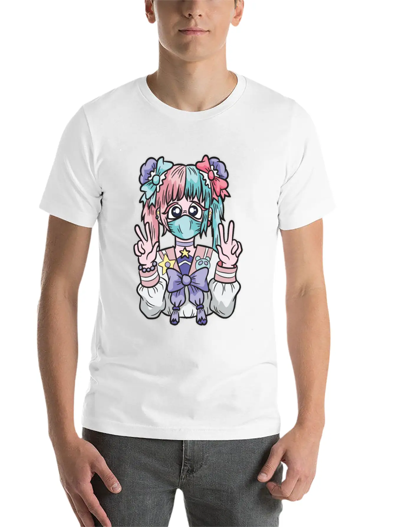 Corona Kawaii Pastel Goth Girl With Mask Essential Cotton Tee For Daily Outfits ¨C Unisex Style