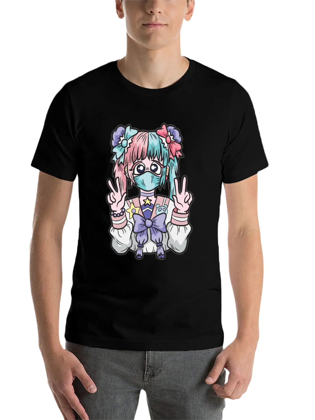 Corona Kawaii Pastel Goth Girl With Mask Essential Cotton Tee For Daily Outfits ¨C Unisex Style