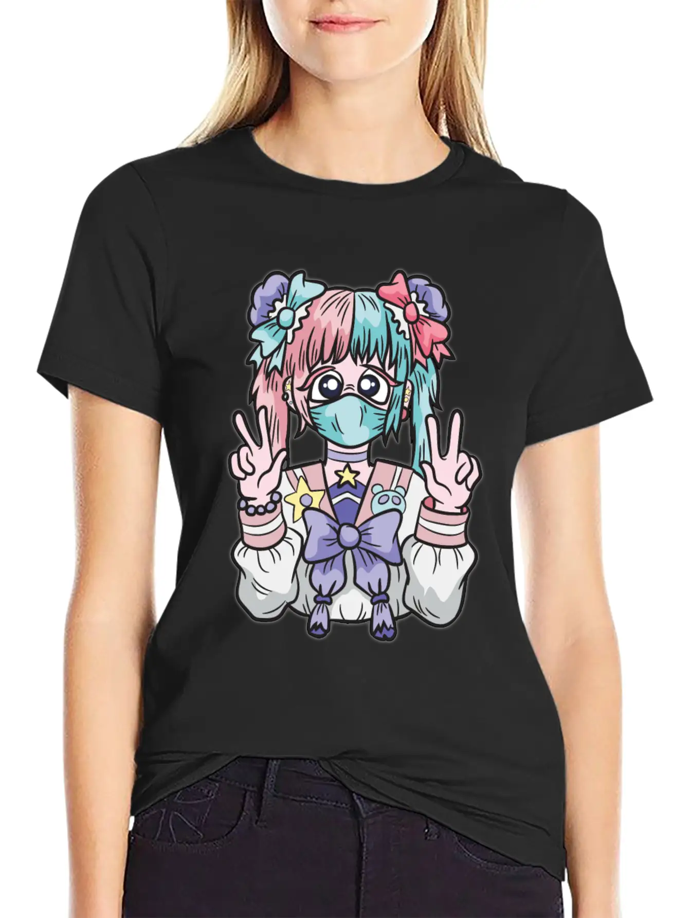 Corona Kawaii Pastel Goth Girl With Mask Essential Cotton Tee For Daily Outfits ¨C Unisex Style