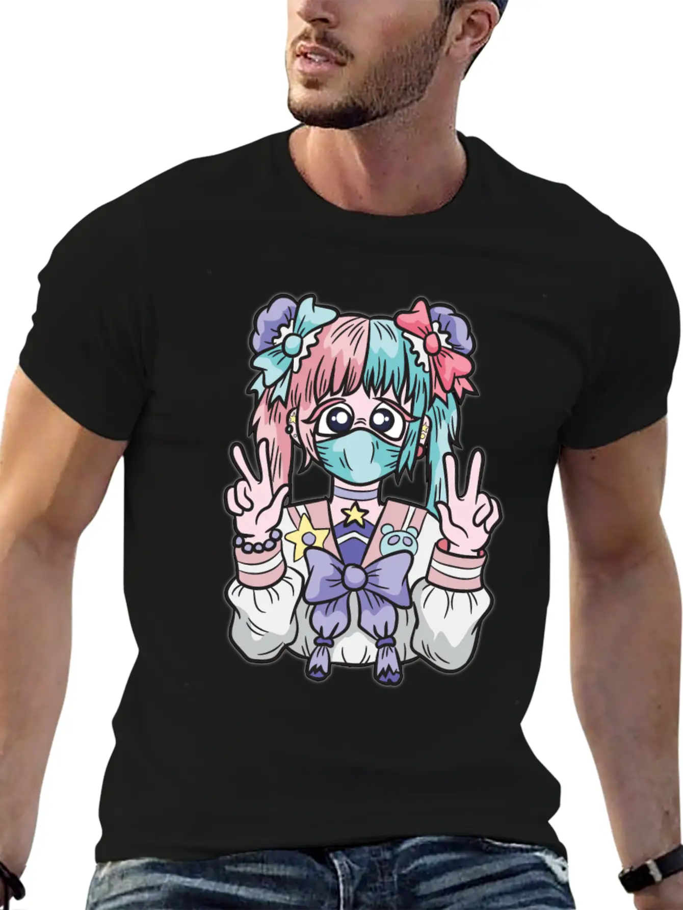 Corona Kawaii Pastel Goth Girl With Mask Essential Cotton Tee For Daily Outfits ¨C Unisex Style