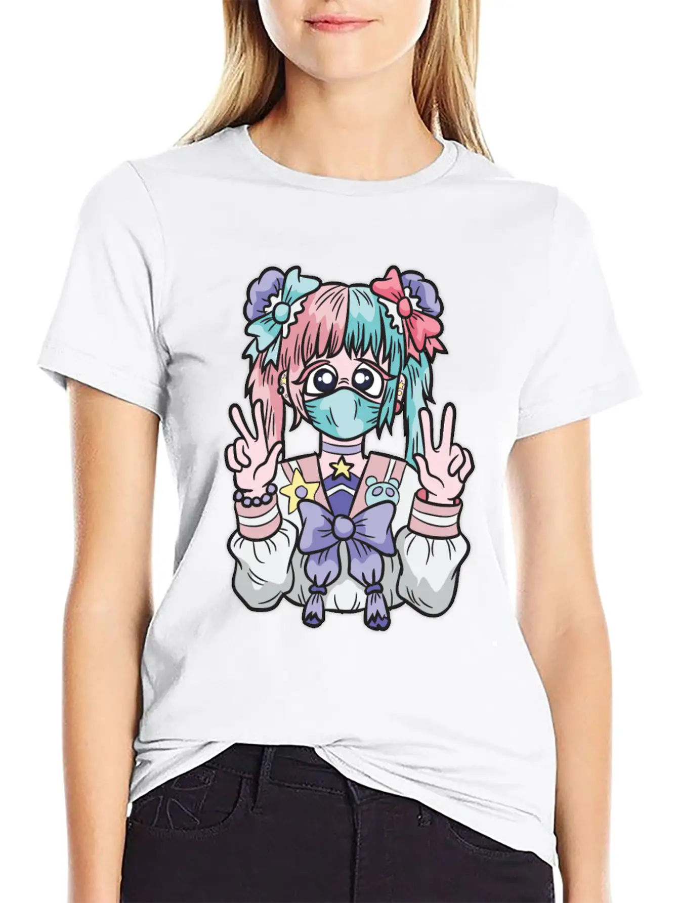 Corona Kawaii Pastel Goth Girl With Mask Essential Cotton Tee For Daily Outfits ¨C Unisex Style