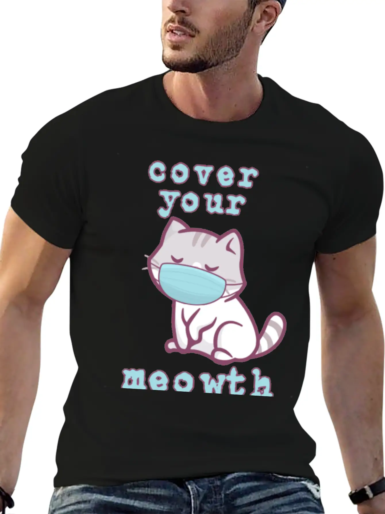 Cover Your Meo Wth Kitten Wearing A Face Mask Cats Essential Cotton Tee For Daily Outfits ¨C Unisex Style