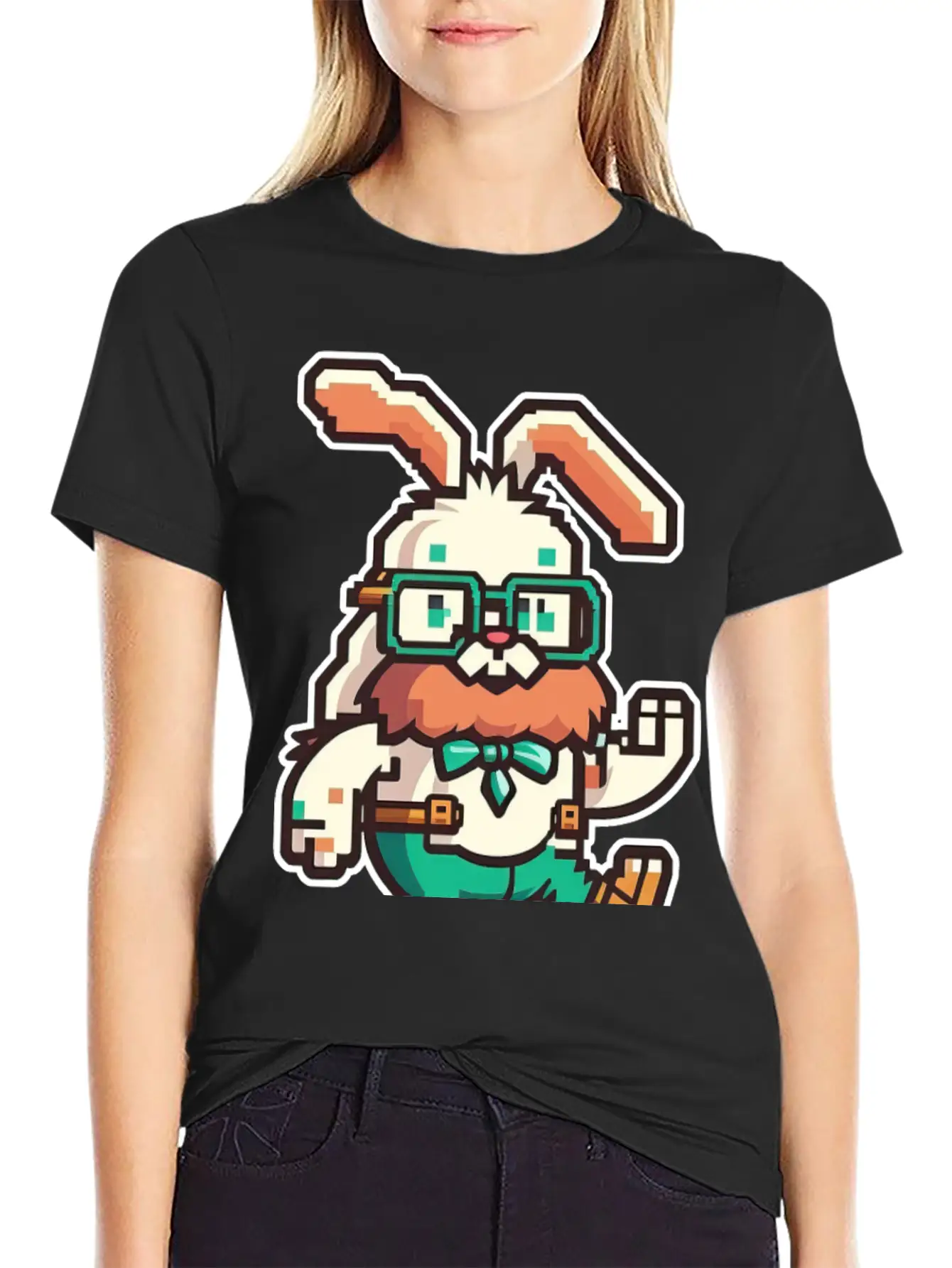 Cute Happy Kawaii 8-bit 16-bit Pixel Easter Rabbit Basic Graphic T-Shirt ¨C Daily Comfort In Soft Cotton