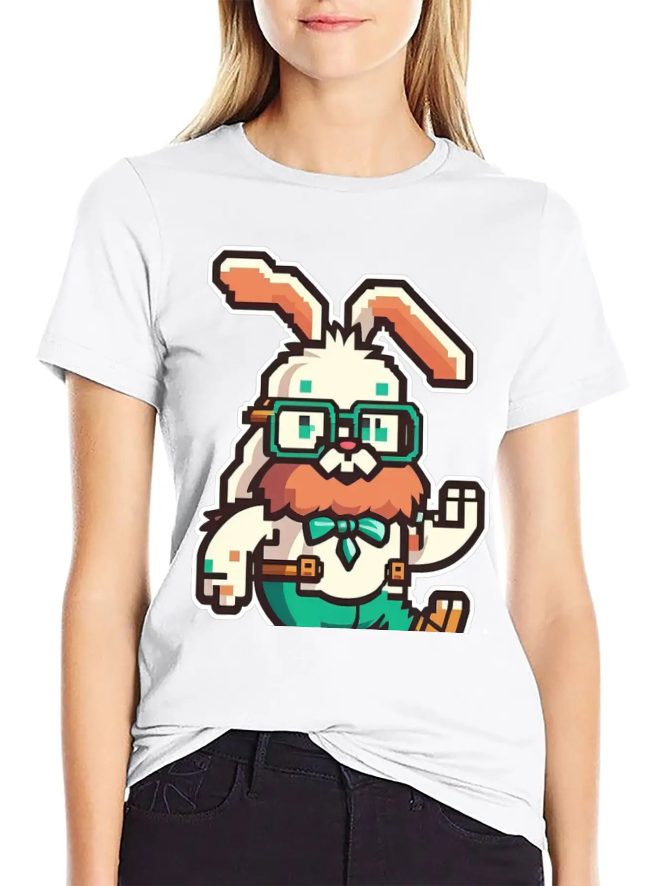 Cute Happy Kawaii 8-bit 16-bit Pixel Easter Rabbit Basic Graphic T-Shirt ¨C Daily Comfort In Soft Cotton
