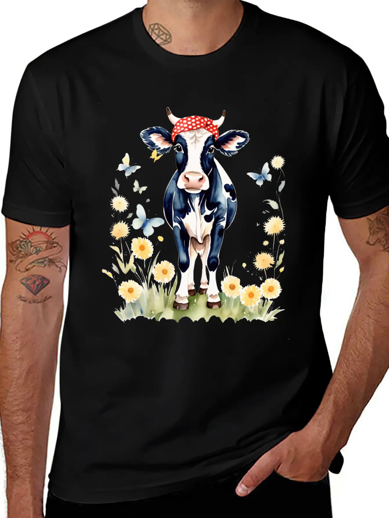 Cute Watercolor Cow In Flower Field Essential Cotton Tee For Daily Outfits ¨C Unisex Style
