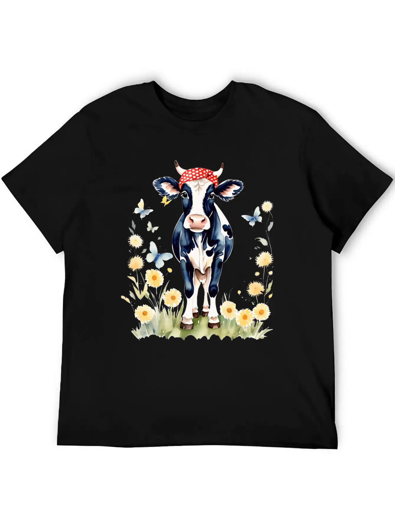 Cute Watercolor Cow In Flower Field Essential Cotton Tee For Daily Outfits ¨C Unisex Style