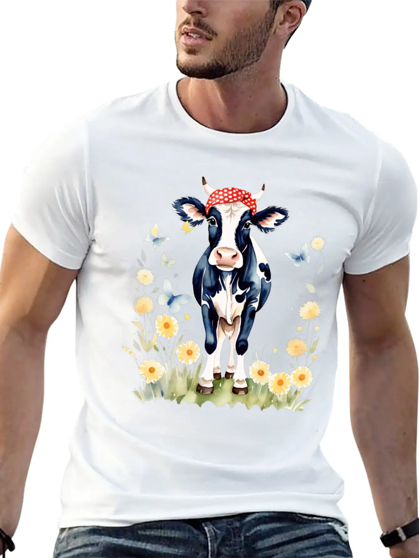 Cute Watercolor Cow In Flower Field Essential Cotton Tee For Daily Outfits ¨C Unisex Style
