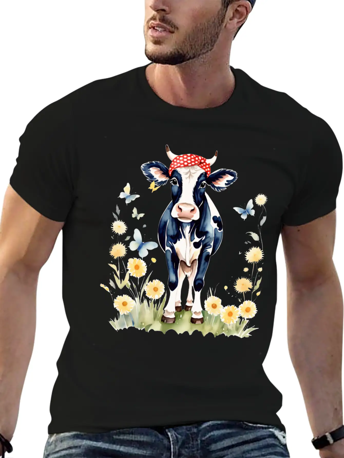 Cute Watercolor Cow In Flower Field Essential Cotton Tee For Daily Outfits ¨C Unisex Style