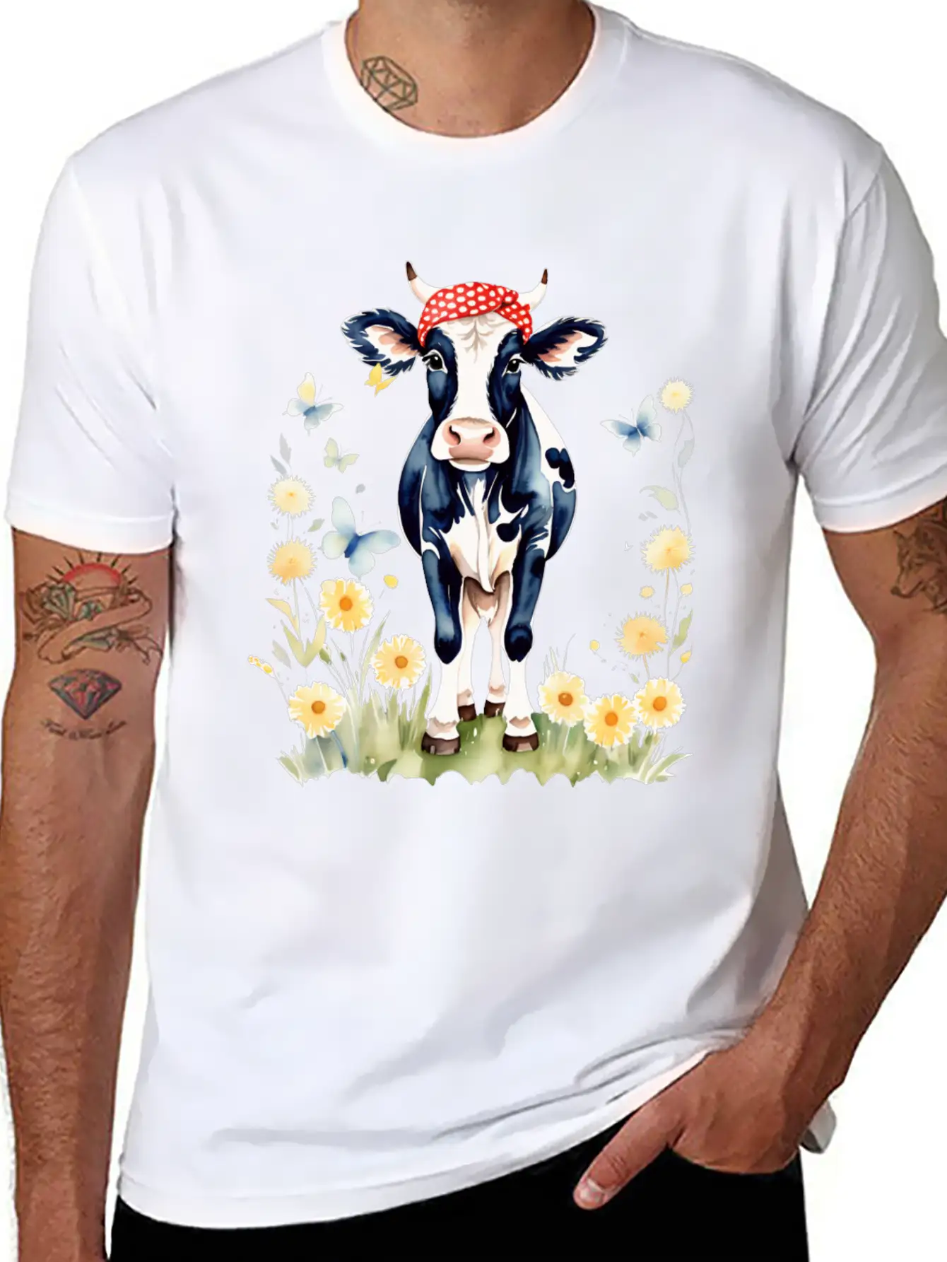 Cute Watercolor Cow In Flower Field Essential Cotton Tee For Daily Outfits ¨C Unisex Style