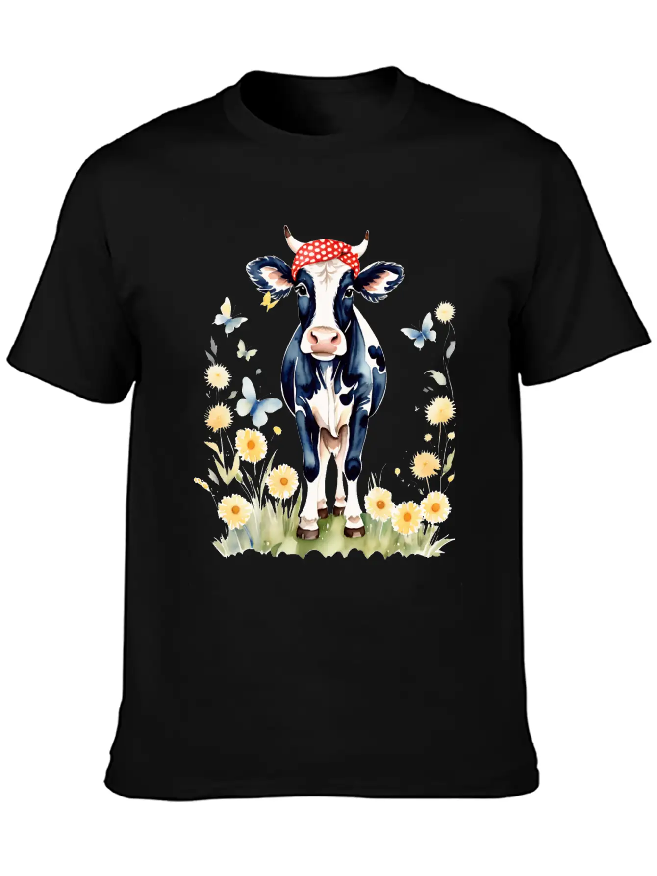 Cute Watercolor Cow In Flower Field Essential Cotton Tee For Daily Outfits ¨C Unisex Style