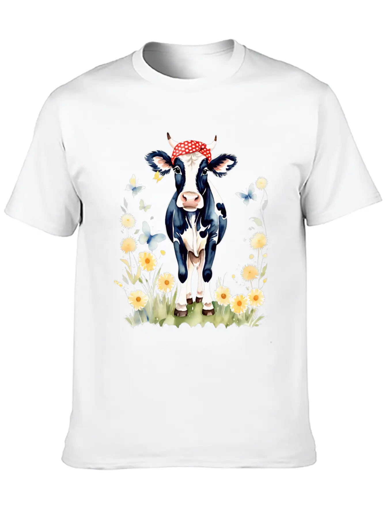 Cute Watercolor Cow In Flower Field Essential Cotton Tee For Daily Outfits ¨C Unisex Style