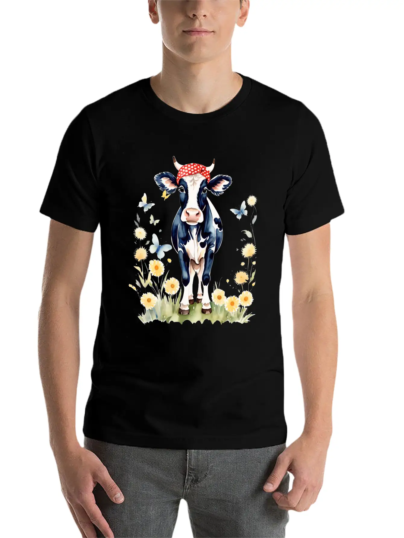 Cute Watercolor Cow In Flower Field Essential Cotton Tee For Daily Outfits ¨C Unisex Style