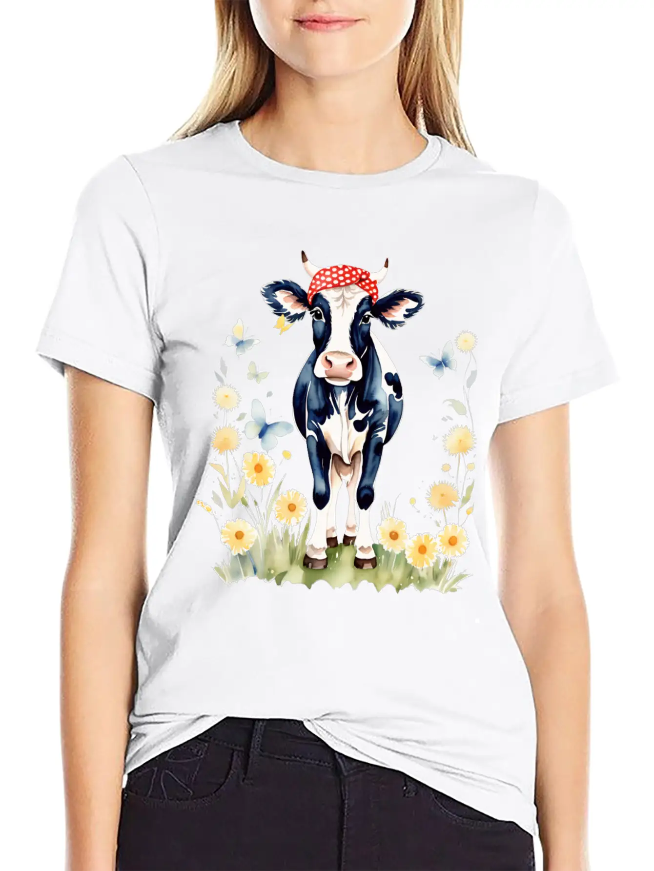 Cute Watercolor Cow In Flower Field Essential Cotton Tee For Daily Outfits ¨C Unisex Style