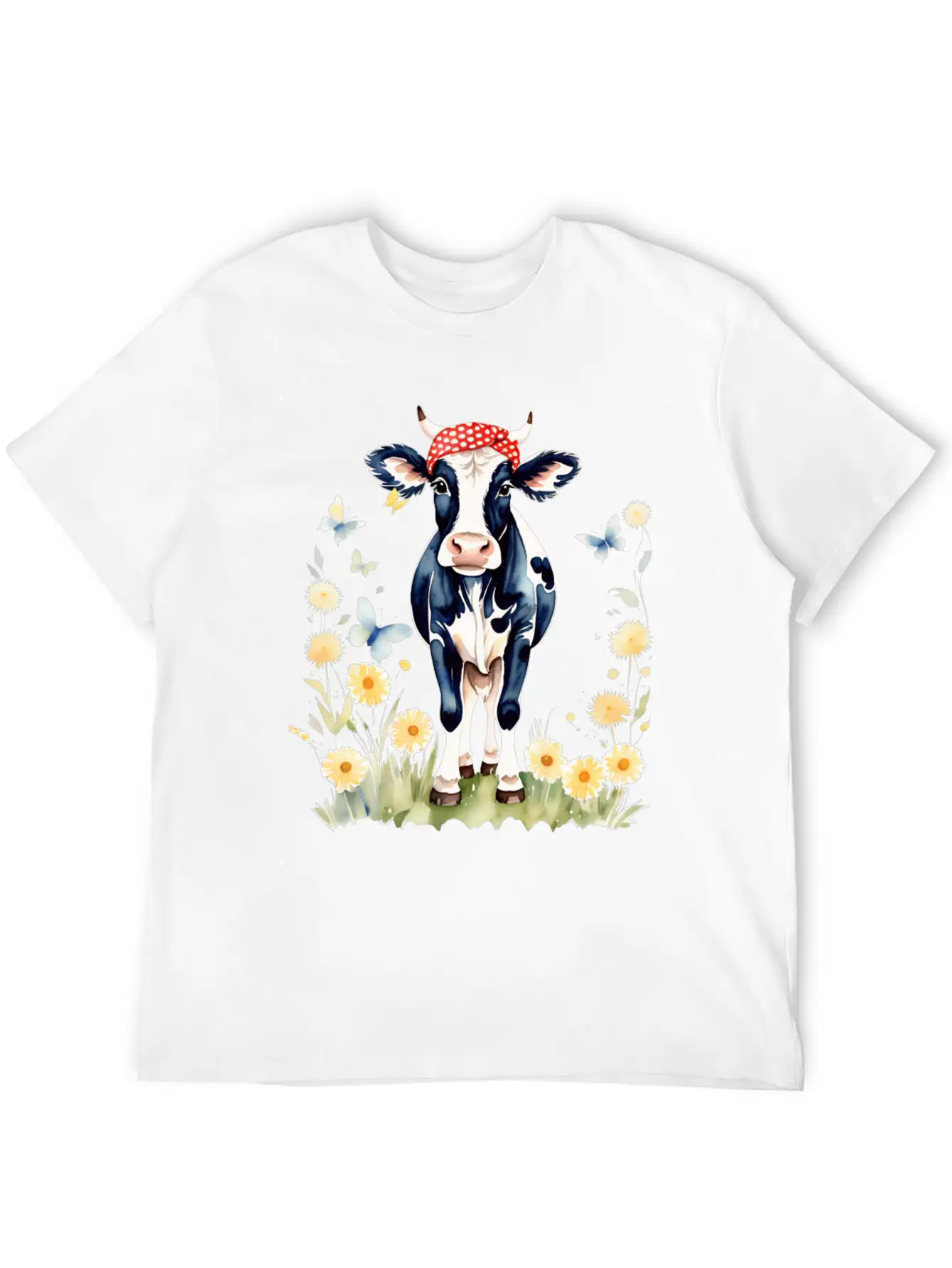 Cute Watercolor Cow In Flower Field Essential Cotton Tee For Daily Outfits ¨C Unisex Style