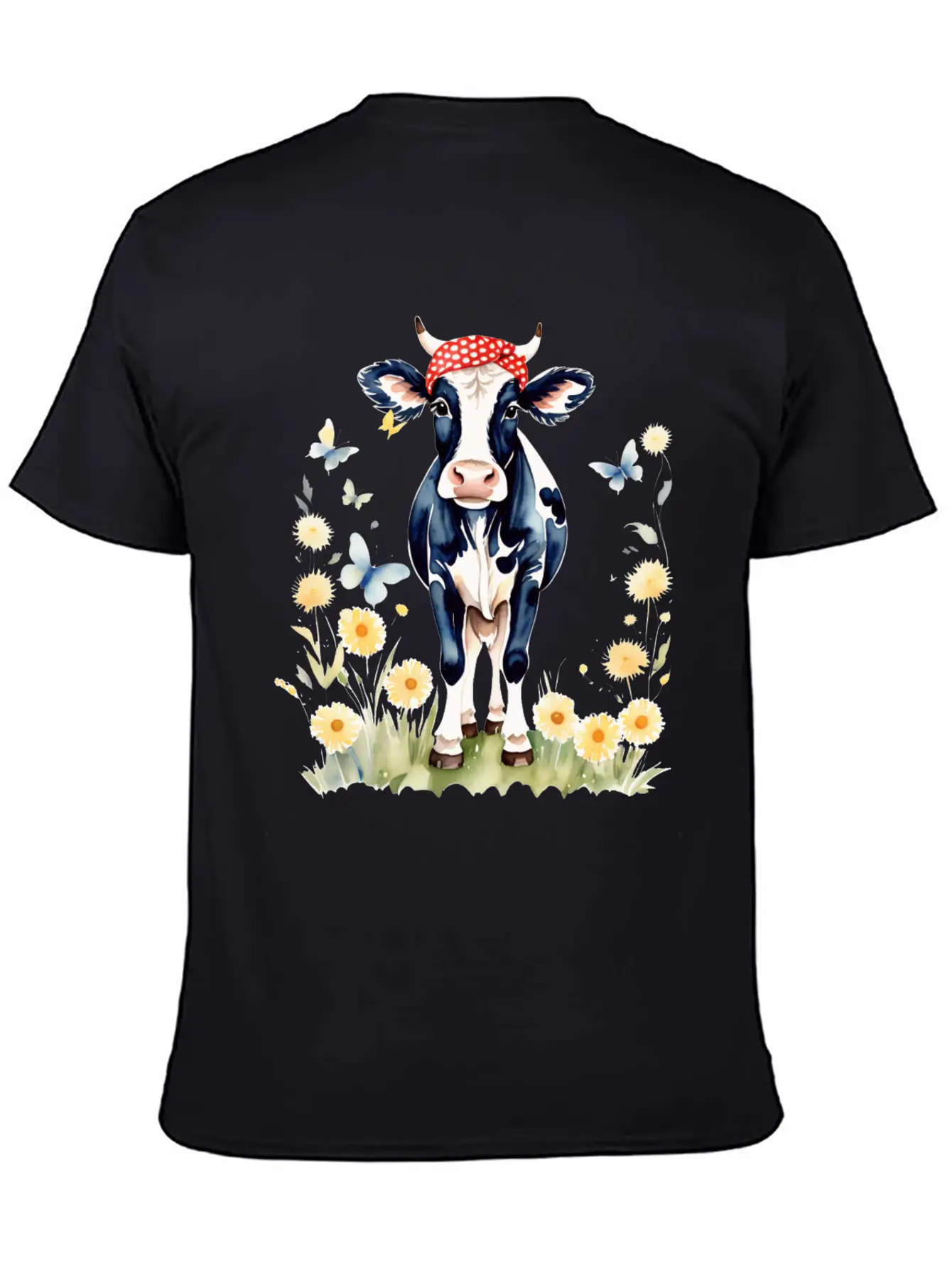 Cute Watercolor Cow In Flower Field Essential Cotton Tee For Daily Outfits ¨C Unisex Style