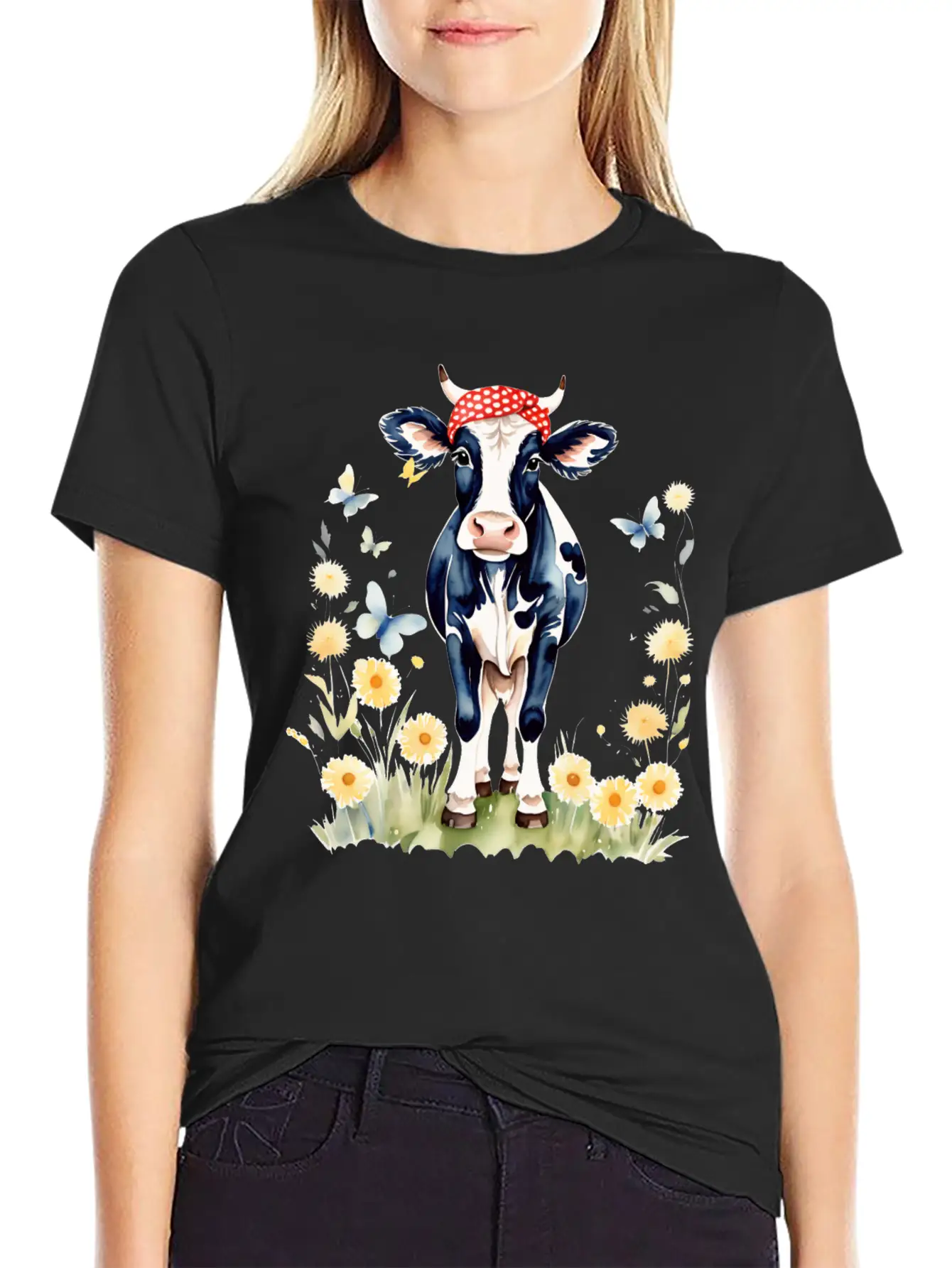Cute Watercolor Cow In Flower Field Essential Cotton Tee For Daily Outfits ¨C Unisex Style