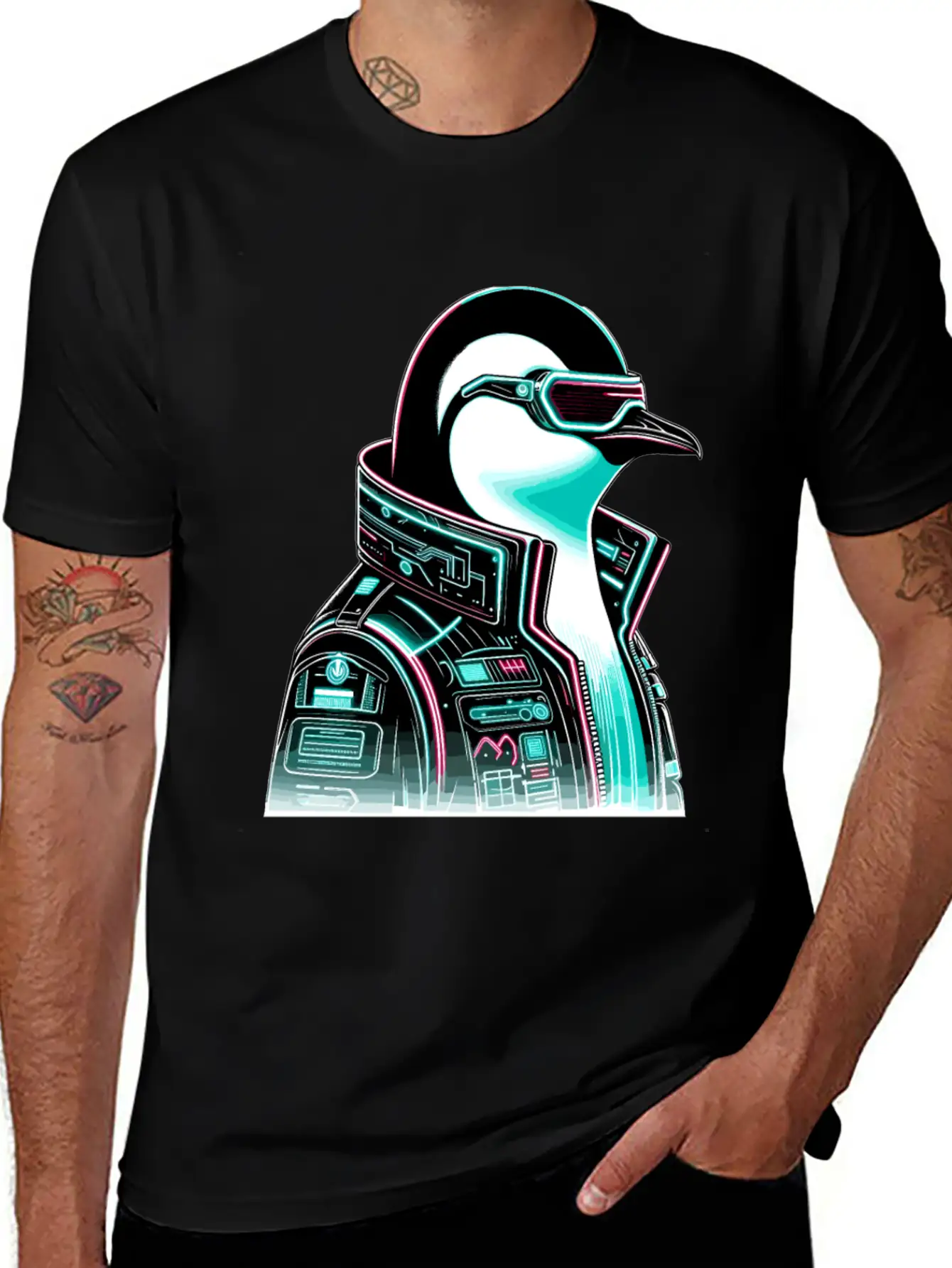Cyberpunk Penguin Graphic Design Essential Cotton Tee For Daily Outfits ¨C Unisex Style