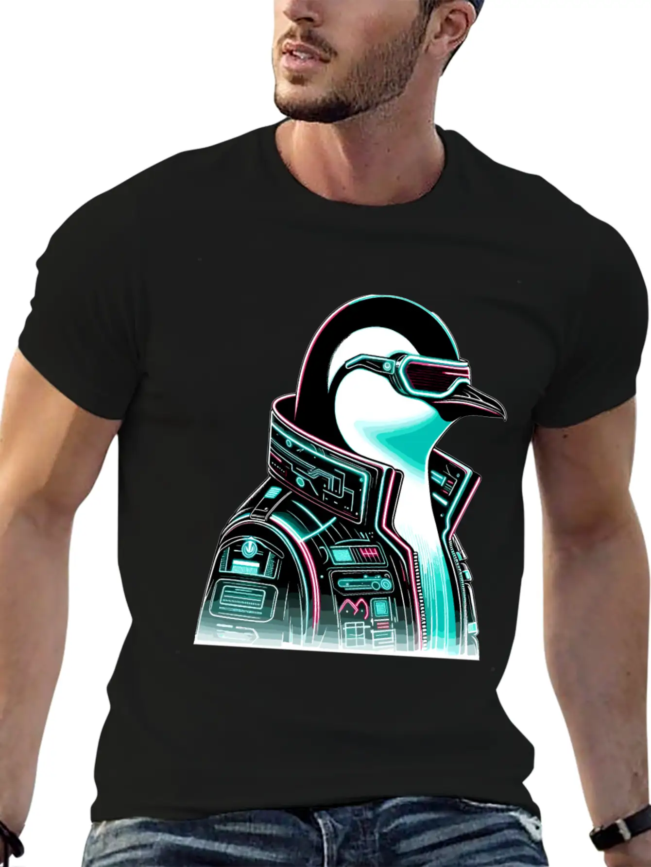 Cyberpunk Penguin Graphic Design Essential Cotton Tee For Daily Outfits ¨C Unisex Style