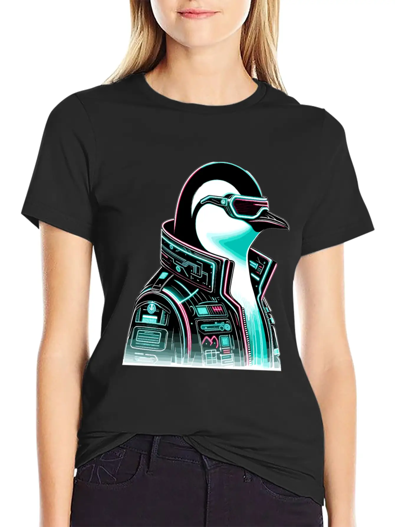 Cyberpunk Penguin Graphic Design Essential Cotton Tee For Daily Outfits ¨C Unisex Style