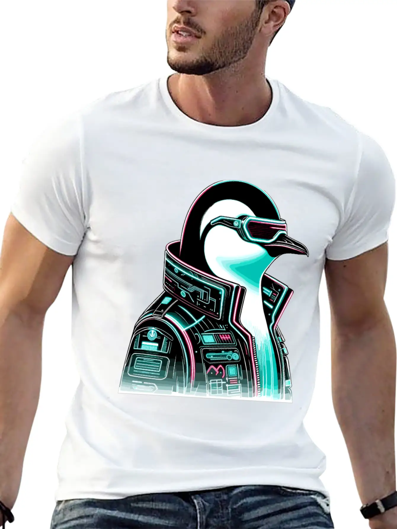 Cyberpunk Penguin Graphic Design Essential Cotton Tee For Daily Outfits ¨C Unisex Style