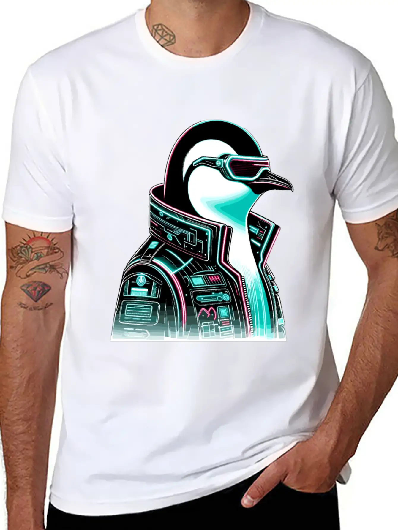 Cyberpunk Penguin Graphic Design Essential Cotton Tee For Daily Outfits ¨C Unisex Style